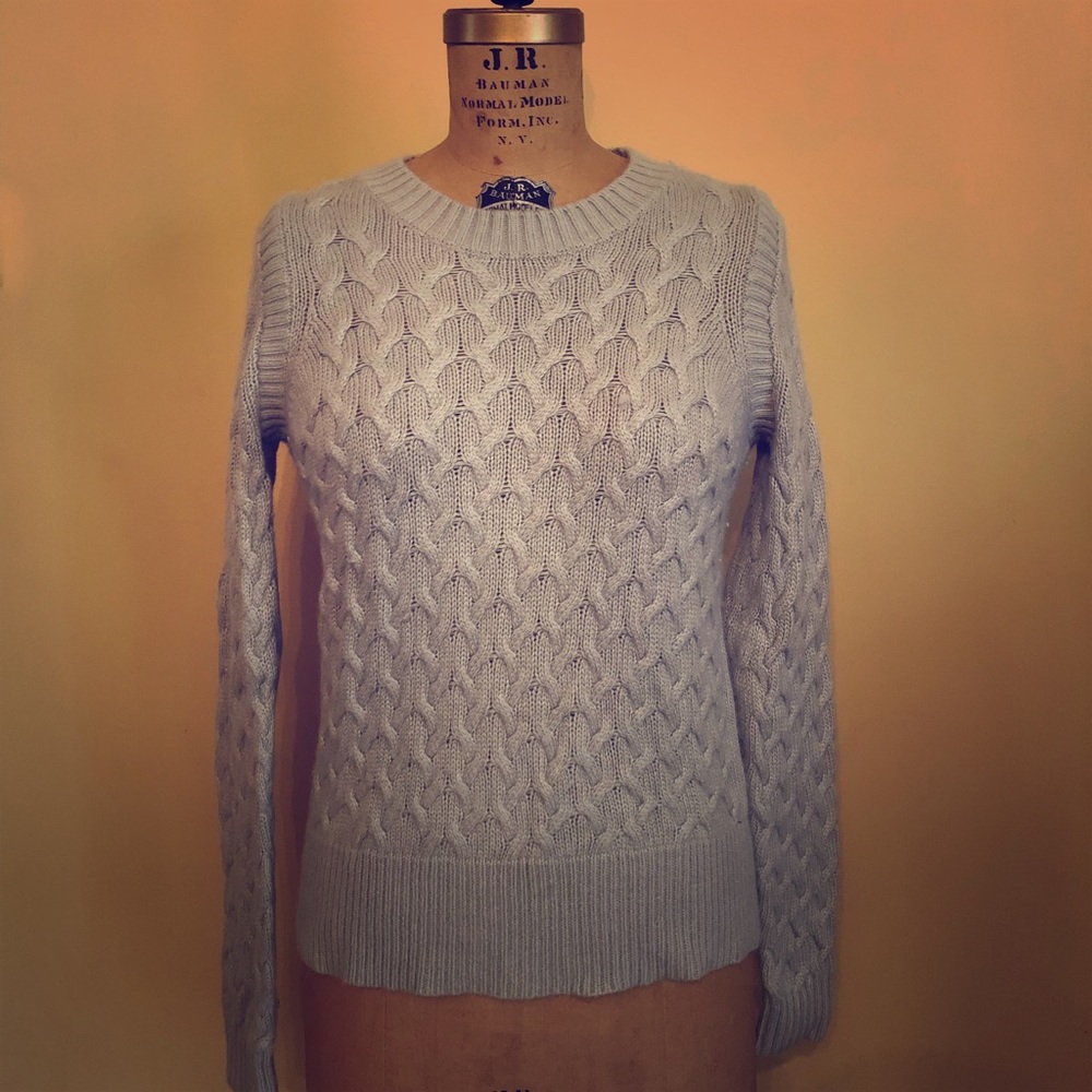 Pastel greenish gray sweater, wool/angora blend.